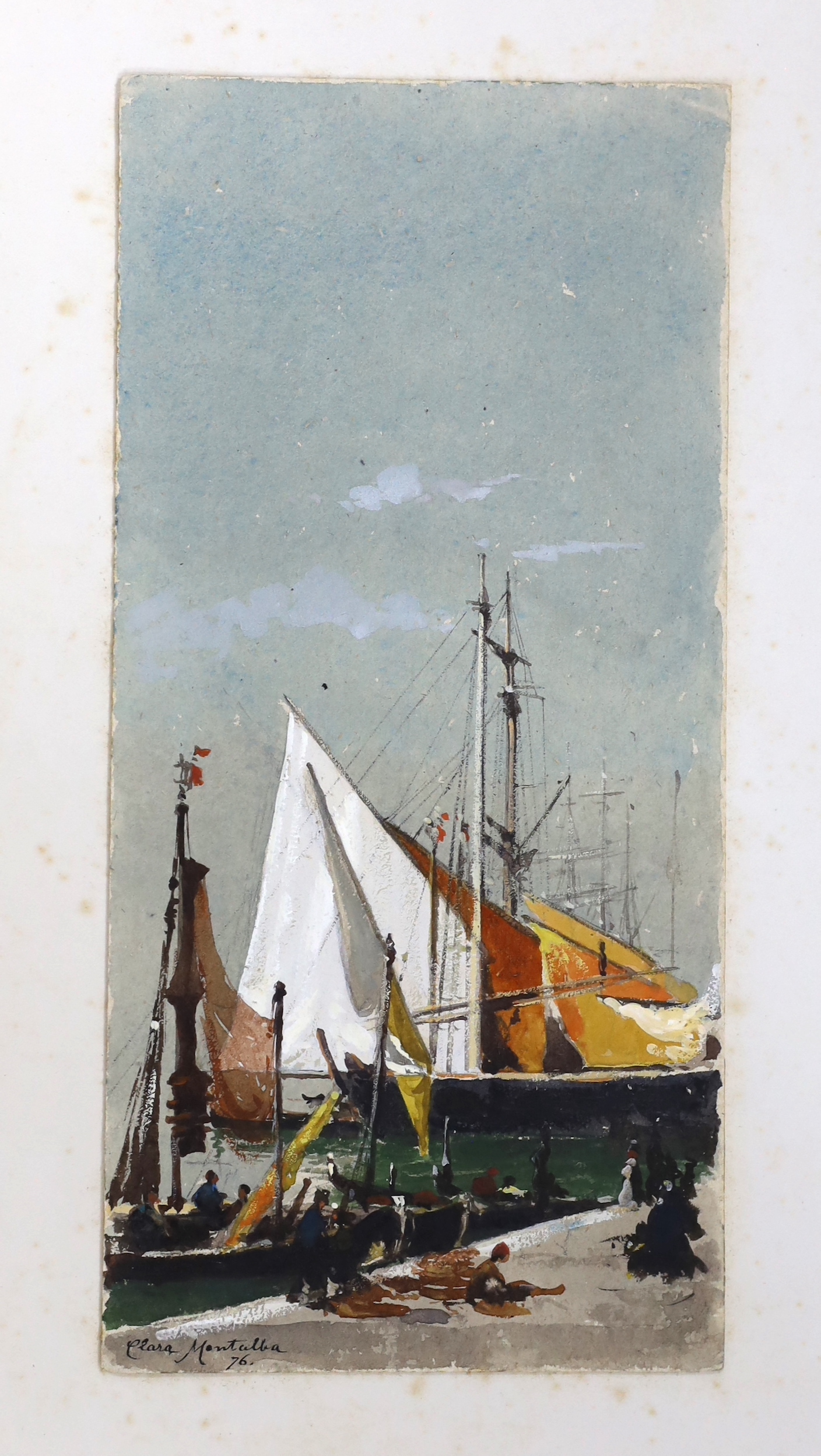 Clara Montalba RWS (1840-1929) watercolour and gouache, Dutch barges, signed and dated '76, unframed, 23 x 11cm
